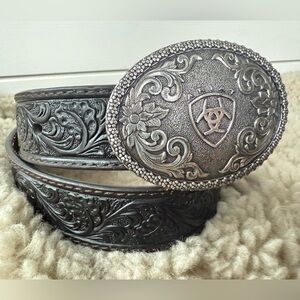 Ariat Boy's Tooled Western Belt with Removable Buckle size 24 30in black leather